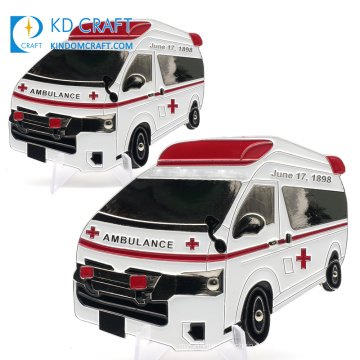 Fabricante china personalizado personalizado ambulancia en forma de metal esmalte honor americano cruz roja desafío moneda sin mínimo